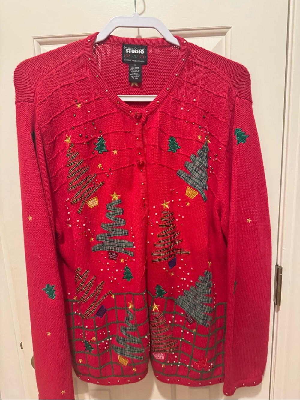 Studio Works Red Holiday Tree Embellished Button-Up Cardigan